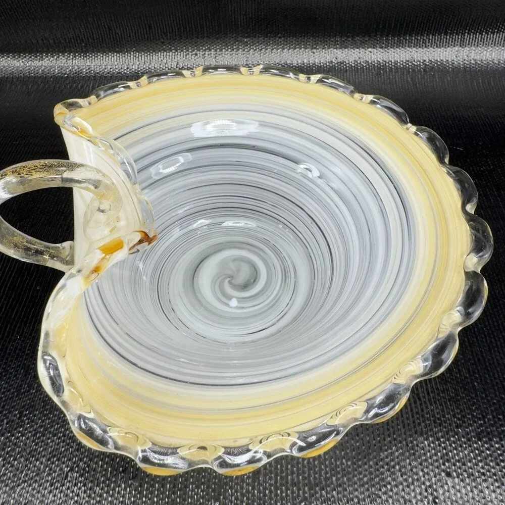 Venetian Art Glass Dish Bowl W Handles Hand Blown Italian Glass Gold White Swirl